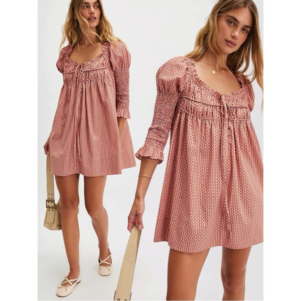 Free People Retro 70s Babydoll Star Dip Mini Dress in Red Combo Size Large